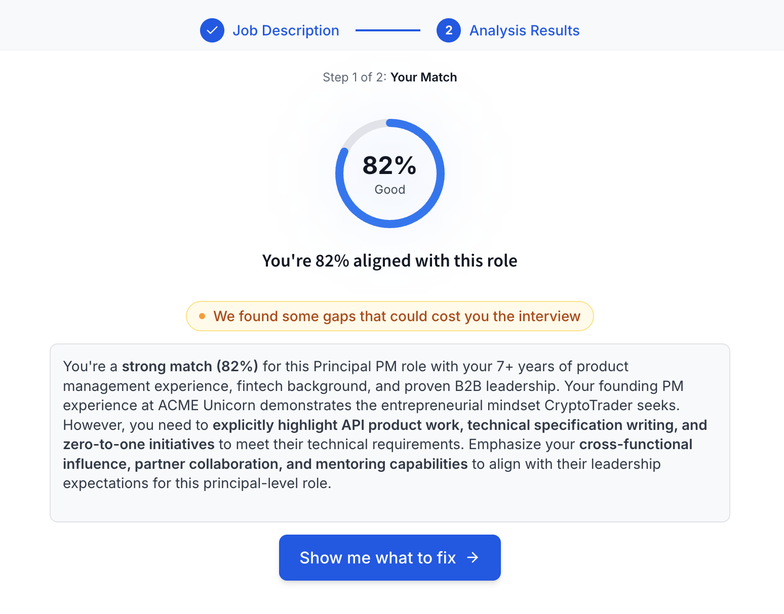 Resumes Coach analysis dashboard showing resume score and improvement suggestions